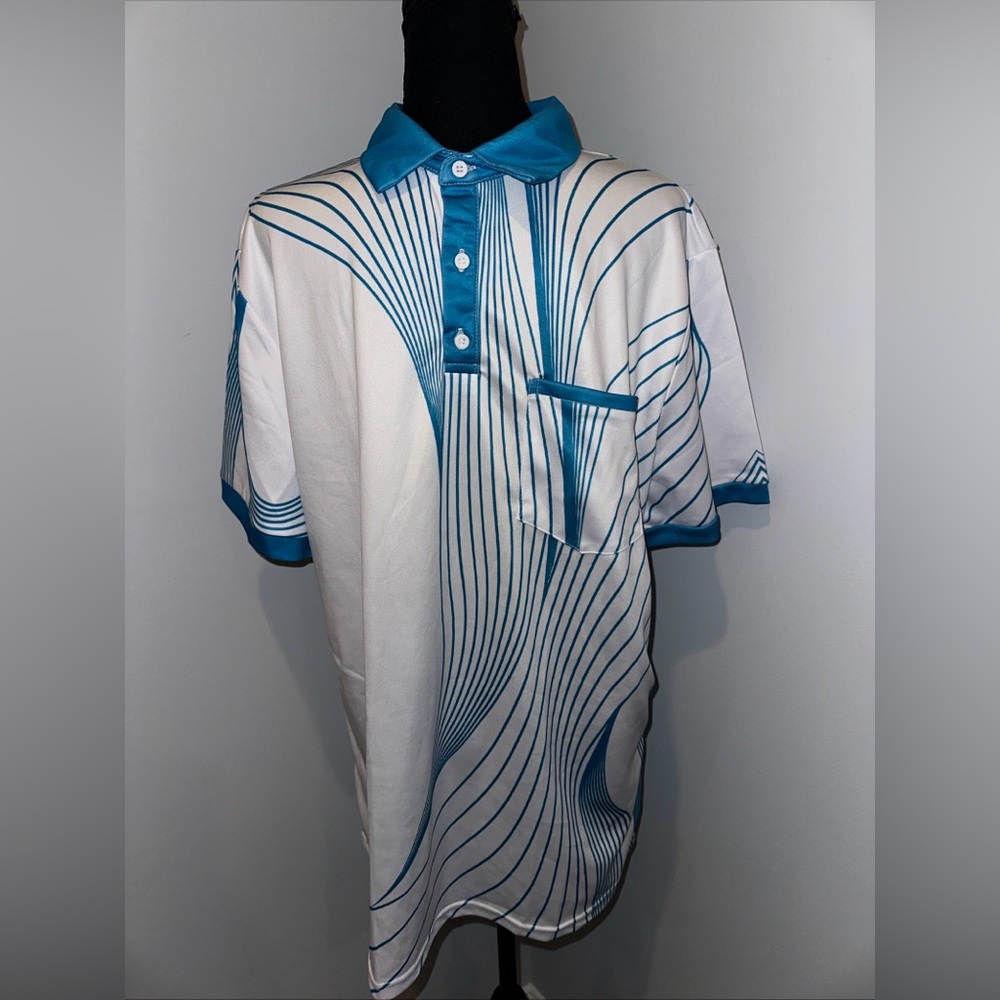 NWT Ouku Shirt Lg Blue And White Geometric Polo Shirt Short Sleeve